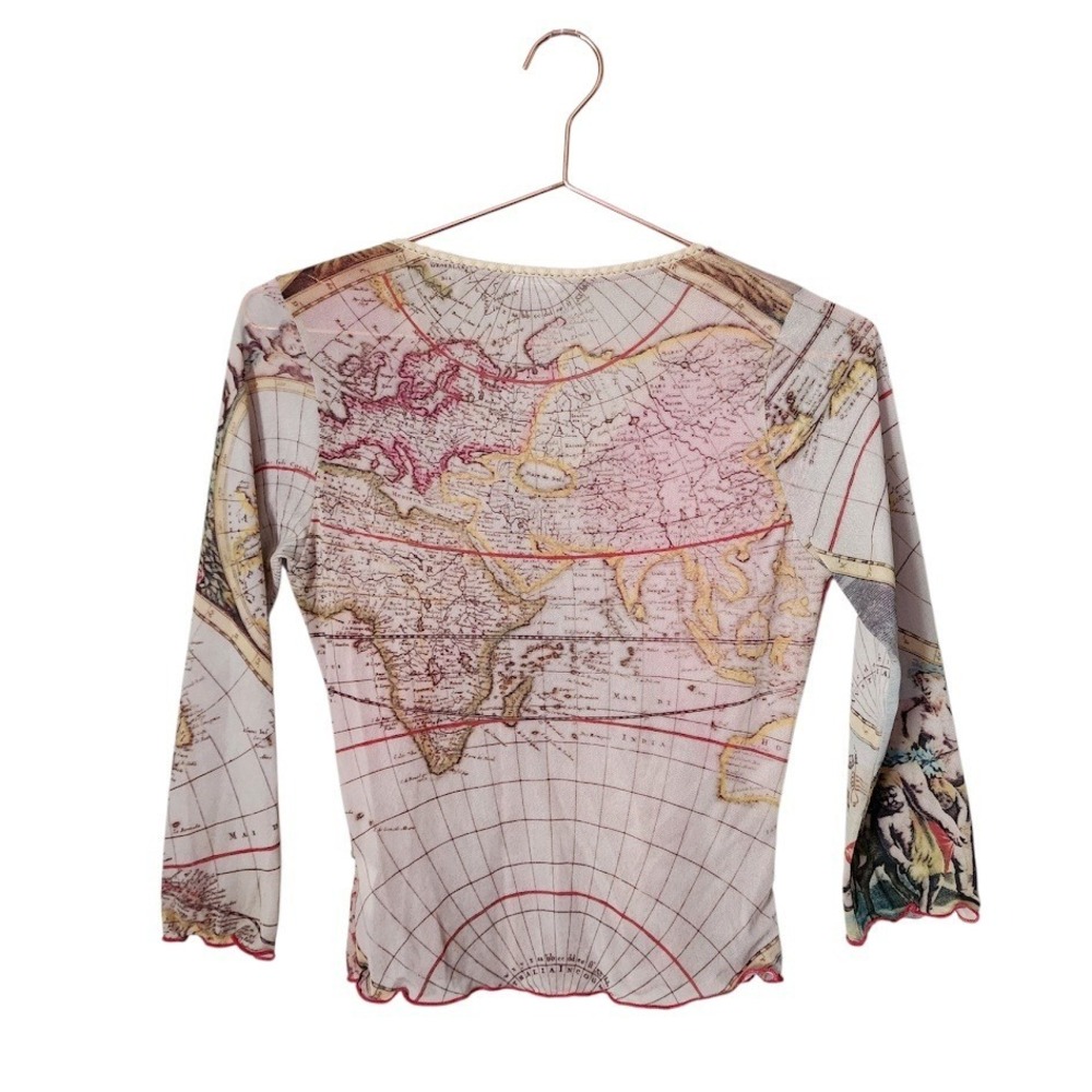 BY MAURICE Vintage Y2K Sheer Mesh Top Renaissance Map Floral Patchwork Print M - Picture 12 of 12